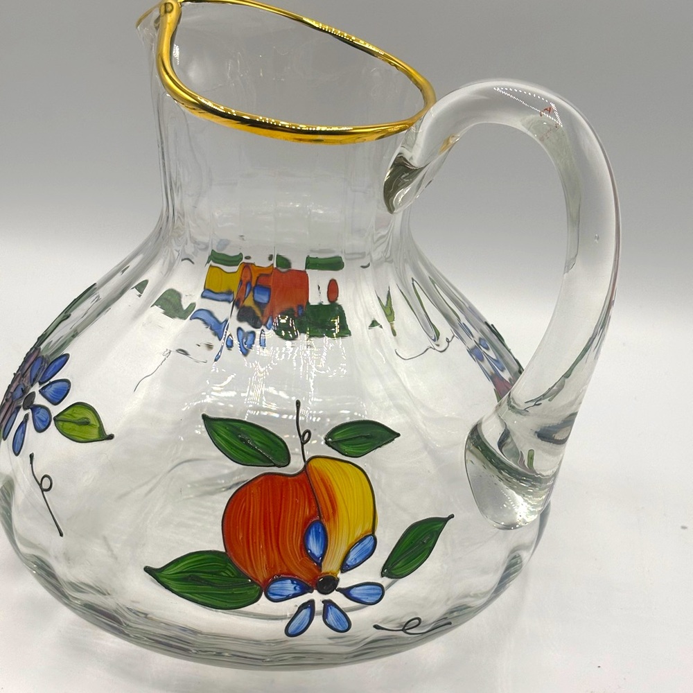 Vtg Fifth Avenue hand painted Romanian crystal 8" fruit floral gold rim pitcher - Picture 7 of 9